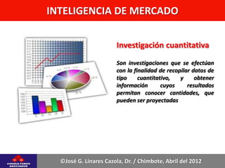 INTELIGENCIA DE MERCADO

                       Investigación cuantitativa
                       Son investigaciones que se efectúan
                       con la finalidad de recopilar datos de
                       tipo     cuantitativo,   y     obtener
                       información       cuyos     resultados
                       permitan conocer cantidades, que
                       pueden ser proyectadas




  ©José G. Linares Cazola, Dr. / Chimbote, Abril del 2012
 