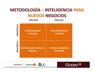 METODOLOGÍA – INTELIGENCIA PARA
      NUEVOS NEGOCIOS
                        Mercado                Industria
  Nivel Macro




                    Atractividad del       Atractividad de la
                       Mercado                 Industria
  Nivel Micro




                Beneficios para mercado   Ventaja competitiva
                        objetivo              sostenible
 