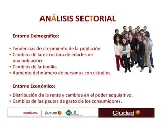ANÁLISIS SECTORIAL
 Entorno Demográfico:

• Tendencias de crecimiento de la población.
• Cambios de la estructura de edades de
  una población
• Cambios de la familia.
• Aumento del número de personas con estudios.

 Entorno Económico:
• Distribución de la renta y cambios en el poder adquisitivo.
• Cambios de las pautas de gasto de los consumidores.
 