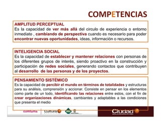 COMPETENCIAS
AMPLITUD PERCEPTUAL
Es la capacidad de ver más allá del circulo de experiencia o entorno
inmediato , cambiando de perspectiva cuando es necesario para poder
encontrar nuevas oportunidades, ideas, información o recursos.


INTELIGENCIA SOCIAL
Es la capacidad de establecer y mantener relaciones con personas de
los diferentes grupos de interés, siendo proactivo en la construcción y
participación de redes sociales, generando contactos que contribuyen
al desarrollo de las personas y de los proyectos.

PENSAMIENTO SISTÉMICO
Es la capacidad de percibir el mundo en términos de totalidades y estructuras
para su análisis, comprensión y accionar. Consiste en pensar en los elementos
como parte de un todo, identificando las relaciones entre estos, con el fin de
crear organizaciones dinámicas, cambiantes y adaptables a las condiciones
que presenta el medio
 