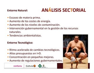 Entorno Natural:            ANÁLISIS SECTORIAL
• Escasez de materia prima.
• Aumento de los costes de energía.
• Aumento de los niveles de contaminación.
• Intervención gubernamental en la gestión de los recursos
  naturales.
• Tendencias ambientalistas.

Entorno Tecnológico:

• Ritmo acelerado de cambios tecnológicos.
• Altos presupuestos en I+D.
• Concentración en pequeñas mejoras.
• Aumento de regulaciones gubernamentales.
 