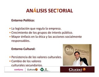 ANÁLISIS SECTORIAL
 Entorno Político:

• La legislación que regula la empresa.
• Crecimiento de los grupos de interés público.
• Mayor énfasis en la ética y las acciones socialmente
  responsables.

 Entorno Cultural:

• Persistencia de los valores culturales.
• Cambio de los valores
  culturales secundarios.
 