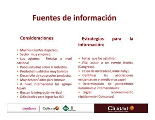Fuentes de información

  Consideraciones:                        Estrategias          para        la
                                        información:
• Muchos clientes dispersos.
• Sector muy empírico.
• Los aglutina       Fenalco a nivel    • Ferias que los aglutinan.
nacional                                • Vital asistir a un evento técnico
• Pocos estudios sobre la industria.    (Congreso).
• Productos sustitutos muy baratos      • Casos de mercadeo (Jaime Baby).
• Desarrollo de sus propios productos   • Identificar     las     asociaciones
• Muy desconfiados para innovar         existentes en el medio y su papel
• A nivel internacional los agrupa      • Determinación de proveedores
Alpark                                  nacionales e internacionales
• Buscan la integración vertical        • Lograr               reconocimiento
• Dificultades para lograr las ISO      rápidamente (Concursos)
 