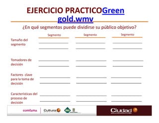 EJERCICIO PRÁCTICOGreen
                   gold.wmv
        ¿En qué segmentos puede dividirse su público objetivo?
                      Segmento      Segmento          Segmento
Tamaño del
segmento



Tomadores de
decisión

Factores clave
para la toma de
decisión

Características del
proceso de
decisión
 