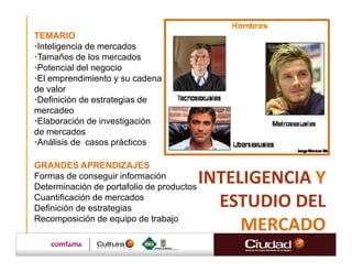 TEMARIO
•Inteligencia de mercados
•Tamaños de los mercados
•Potencial del negocio
•El emprendimiento y su cadena
de valor
•Definición de estrategias de
mercadeo
•Elaboración de investigación
de mercados
•Análisis de casos prácticos

GRANDES APRENDIZAJES
Formas de conseguir información
Determinación de portafolio de productos
                                           INTELIGENCIA Y
Cuantificación de mercados
Definición de estrategias                    ESTUDIO DEL
Recomposición de equipo de trabajo
                                                MERCADO
 