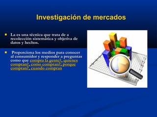 La es una técnica que trata de a
La es una técnica que trata de a
recolección sistemática y objetiva de
recolección sistemática y objetiva de
datos y hechos.
datos y hechos.
 Proporciona los medios para conocer
Proporciona los medios para conocer
al consumidor y responder a preguntas
al consumidor y responder a preguntas
como que
como que compra la gente?, quienes
compra la gente?, quienes
compran?, como compran?; porque
compran?, como compran?; porque
compran?, cuando compran
compran?, cuando compran
Investigación de mercados
 