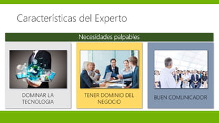 Características del Experto
Necesidades palpables
DOMINAR LA
TECNOLOGIA
TENER DOMINIO DEL
NEGOCIO
BUEN COMUNICADOR
 