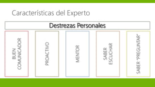 Características del Experto
Destrezas Personales
BUEN
COMUNICADOR
PROACTIVO
MENTOR
SABER
ESCUCHAR
SABER“PREGUNTAR”
 