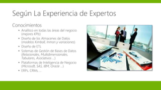 Según La Experiencia de Expertos
Conocimientos
• Analítico en todas las áreas del negocio
(mejores KPIs)
• Diseño de los Almacenes de Datos
(modelos Kimball, Inmon y variaciones)
• Diseño de ETL
• Sistemas de Gestión de Bases de Datos
(Relacionales, Multidimensionales,
Tabulares, Asociativos …)
• Plataformas de Inteligencia de Negocio
(Microsoft, SAS, IBM, Oracle …)
• ERPs, CRMs, …
 