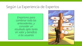 Según La Experiencia de Expertos
Empirismo para
combinar todo los
antecedentes, y
conceder un
resultado apto tanto
en valor y beneficio
a los usuarios
 