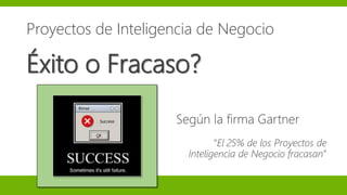 Proyectos de Inteligencia de Negocio
Según la firma Gartner
“El 25% de los Proyectos de
Inteligencia de Negocio fracasan”
Éxito o Fracaso?
 