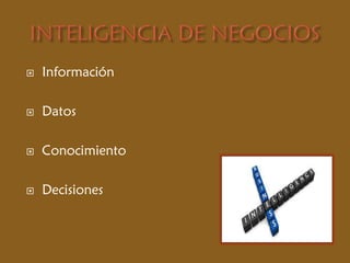  Información
 Datos
 Conocimiento
 Decisiones
 