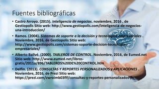Fuentes bibliográficas
• Castro Arroyo. (2015). Inteligencia de negocios. noviembre, 2016 , de
Gestiopolis Sitio web: http://www.gestiopolis.com/inteligencia-de-negocios-
una-introduccion/
• Ramos. (2004). Sistemas de soporte a la decisión y tecnologías empresariales .
Noviembre, 2016, de Gestiopolis Sitio web:
http://www.gestiopolis.com/sistemas-soporte-decision-tecnologias-
empresariales/
• Alberto Ballvé. (2000). TABLEROS DE CONTROL. Noviembre, 2016, de Eumed.net
Sitio web: http://www.eumed.net/libros-
gratis/2011a/896/TABLEROS%20DE%20CONTROL.htm
• Delfin. (2013). CONSULTAS Y REPORTES PERSONALIZADOS y APLICACIONES .
Noviembre, 2016, de Prezi Sitio web:
https://prezi.com/zwroimb03flf/consultas-y-reportes-personalizados-/
 
