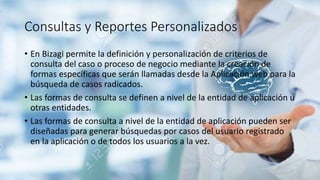 Consultas y Reportes Personalizados
• En Bizagi permite la definición y personalización de criterios de
consulta del caso o proceso de negocio mediante la creación de
formas específicas que serán llamadas desde la Aplicación web para la
búsqueda de casos radicados.
• Las formas de consulta se definen a nivel de la entidad de aplicación u
otras entidades.
• Las formas de consulta a nivel de la entidad de aplicación pueden ser
diseñadas para generar búsquedas por casos del usuario registrado
en la aplicación o de todos los usuarios a la vez.
 