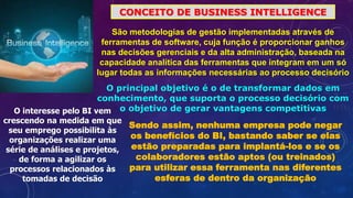 CONCEITO DE BUSINESS INTELLIGENCE
São metodologias de gestão implementadas através de
ferramentas de software, cuja função é proporcionar ganhos
nas decisões gerenciais e da alta administração, baseada na
capacidade analítica das ferramentas que integram em um só
lugar todas as informações necessárias ao processo decisório
O principal objetivo é o de transformar dados em
conhecimento, que suporta o processo decisório com
o objetivo de gerar vantagens competitivas
O interesse pelo BI vem
crescendo na medida em que
seu emprego possibilita às
organizações realizar uma
série de análises e projetos,
de forma a agilizar os
processos relacionados às
tomadas de decisão
Sendo assim, nenhuma empresa pode negar
os benefícios do BI, bastando saber se elas
estão preparadas para implantá-los e se os
colaboradores estão aptos (ou treinados)
para utilizar essa ferramenta nas diferentes
esferas de dentro da organização
 