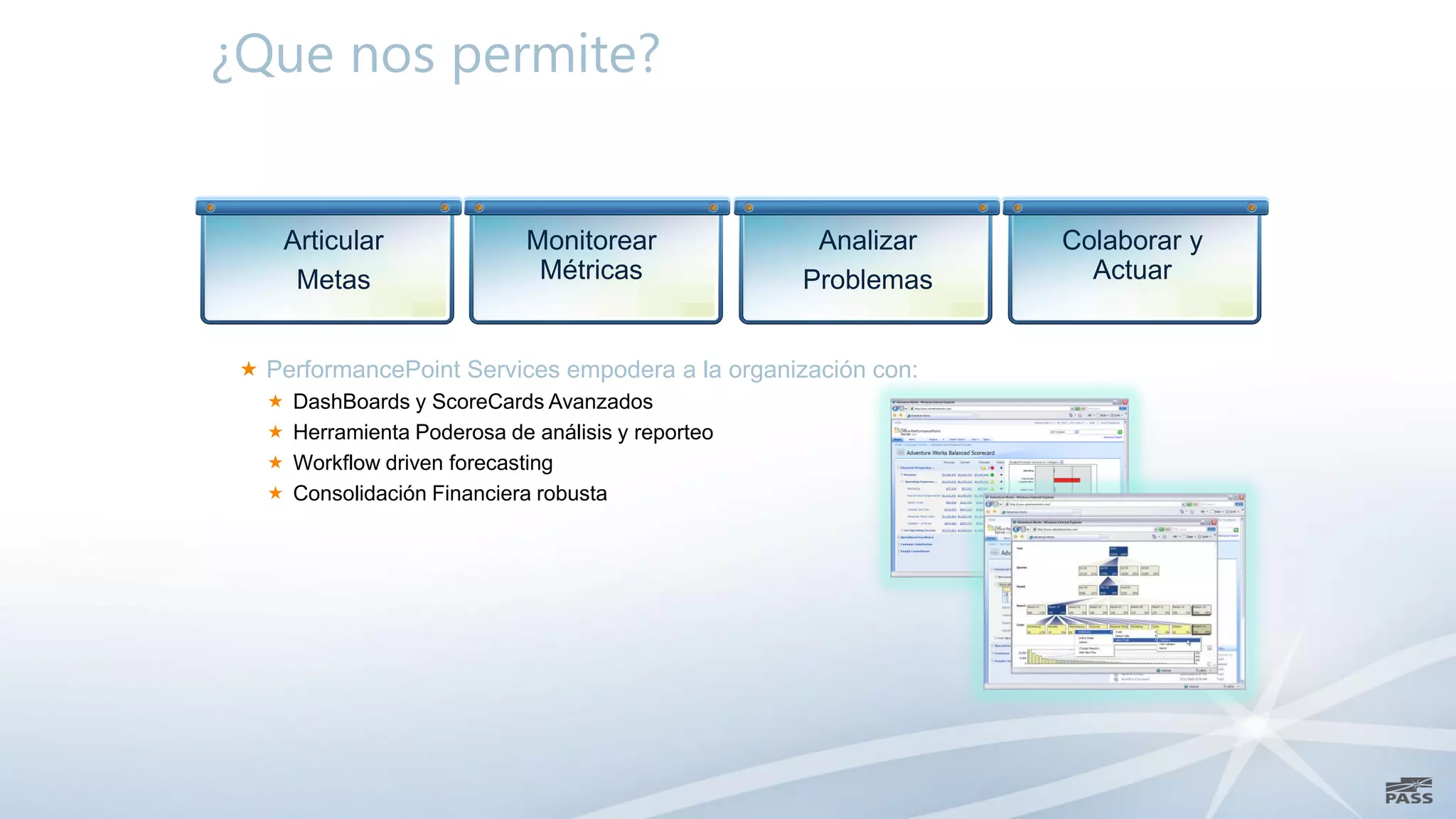 ¿Que nos permite?


    Articular                Monitorear             Analizar   Colaborar y
     Metas                    Métricas             Problemas     Actuar


  PerformancePoint Services empodera a la organización con:
    DashBoards y ScoreCards Avanzados
    Herramienta Poderosa de análisis y reporteo
    Workflow driven forecasting
    Consolidación Financiera robusta
 