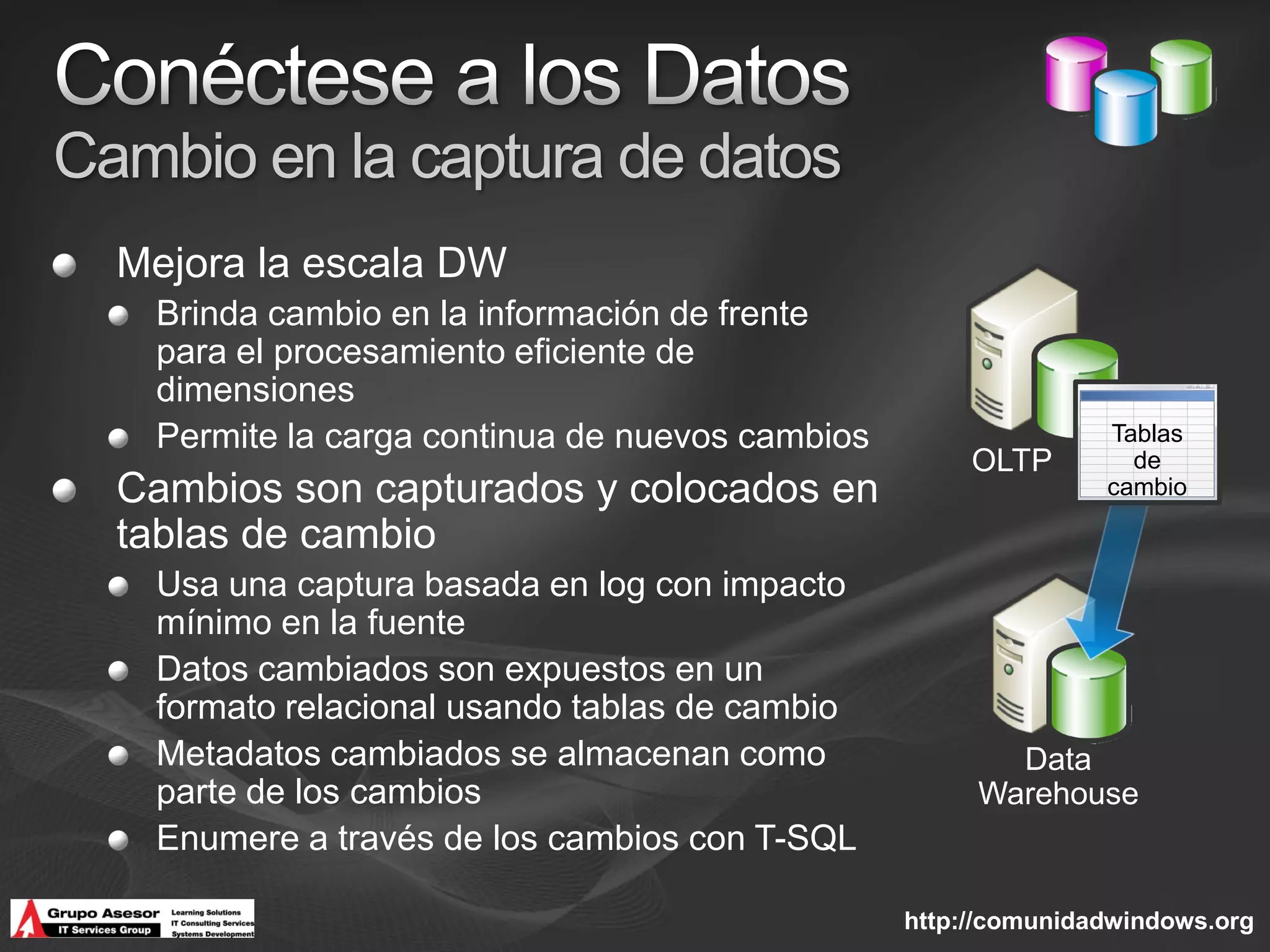 Cambio en la captura de datos
  Mejora la escala DW
   Brinda cambio en la información de frente
   para el procesamiento eficiente de
   dimensiones
   Permite la carga continua de nuevos cambios                  Tablas
                                                      OLTP        de
  Cambios son capturados y colocados en                         cambio

  tablas de cambio
   Usa una captura basada en log con impacto
   mínimo en la fuente
   Datos cambiados son expuestos en un
   formato relacional usando tablas de cambio
   Metadatos cambiados se almacenan como                Data
   parte de los cambios                               Warehouse
   Enumere a través de los cambios con T-SQL

                                                 http://comunidadwindows.org
 