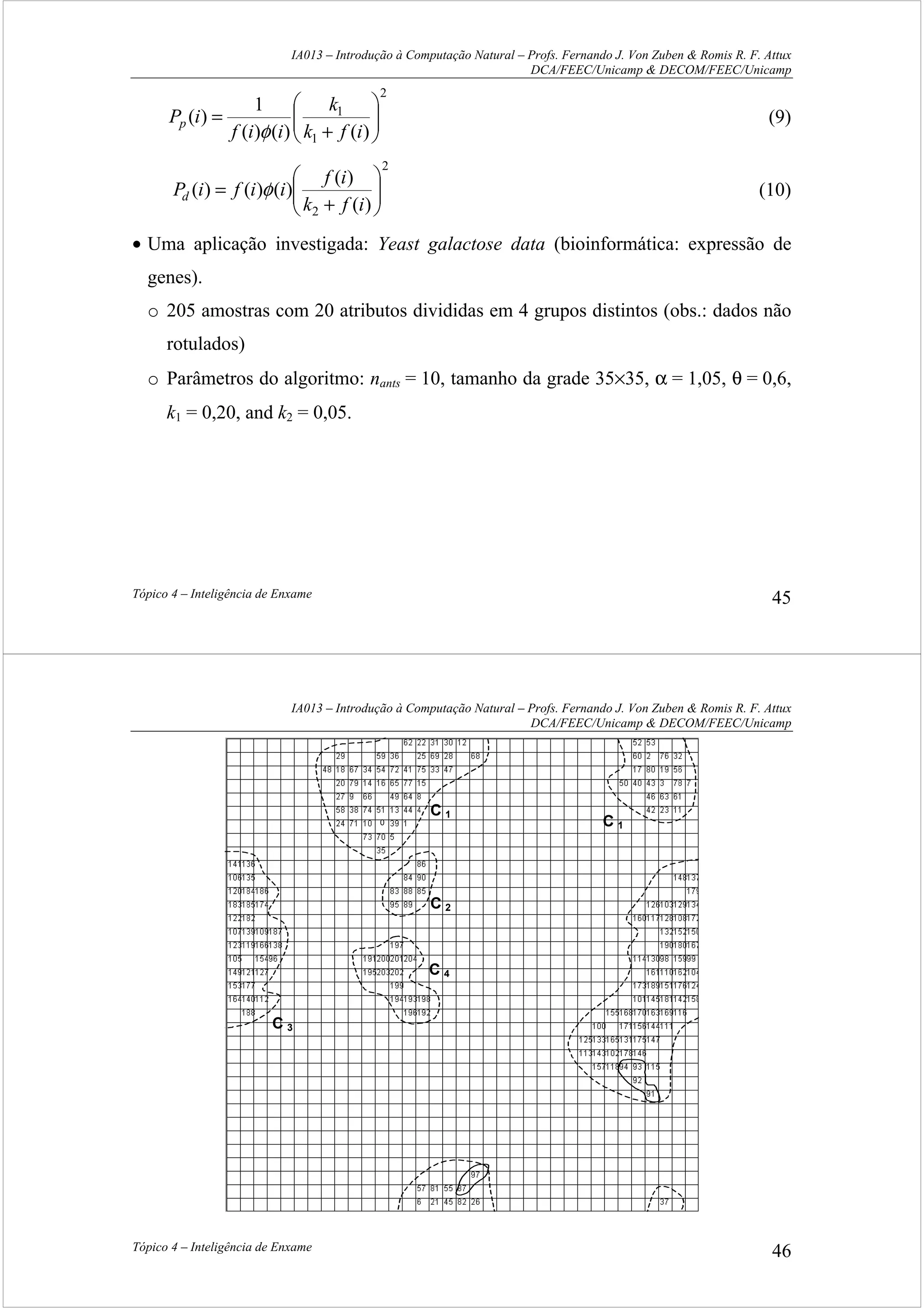 IA013 – Introdução à Computação Natural – Profs. Fernando J. Von Zuben & Romis R. F. Attux
DCA/FEEC/Unicamp & DECOM/FEEC/Unicamp
Tópico 4 – Inteligência de Enxame 45
2
1
1
)()()(
1
)( 





+
=
ifk
k
iif
iPp
φ
(9)
2
2 )(
)(
)()()( 





+
=
ifk
if
iifiPd φ (10)
• Uma aplicação investigada: Yeast galactose data (bioinformática: expressão de
genes).
o 205 amostras com 20 atributos divididas em 4 grupos distintos (obs.: dados não
rotulados)
o Parâmetros do algoritmo: nants = 10, tamanho da grade 35×35, α = 1,05, θ = 0,6,
k1 = 0,20, and k2 = 0,05.
IA013 – Introdução à Computação Natural – Profs. Fernando J. Von Zuben & Romis R. F. Attux
DCA/FEEC/Unicamp & DECOM/FEEC/Unicamp
Tópico 4 – Inteligência de Enxame 46
0
C 3
C 1
C 1
C 2
C 4
 
