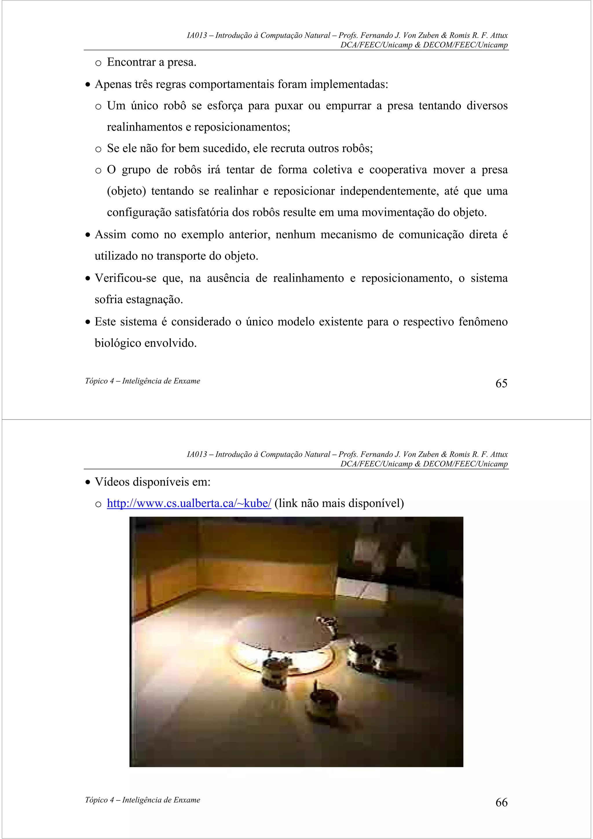 IA013 – Introdução à Computação Natural – Profs. Fernando J. Von Zuben & Romis R. F. Attux
DCA/FEEC/Unicamp & DECOM/FEEC/Unicamp
Tópico 4 – Inteligência de Enxame 65
o Encontrar a presa.
• Apenas três regras comportamentais foram implementadas:
o Um único robô se esforça para puxar ou empurrar a presa tentando diversos
realinhamentos e reposicionamentos;
o Se ele não for bem sucedido, ele recruta outros robôs;
o O grupo de robôs irá tentar de forma coletiva e cooperativa mover a presa
(objeto) tentando se realinhar e reposicionar independentemente, até que uma
configuração satisfatória dos robôs resulte em uma movimentação do objeto.
• Assim como no exemplo anterior, nenhum mecanismo de comunicação direta é
utilizado no transporte do objeto.
• Verificou-se que, na ausência de realinhamento e reposicionamento, o sistema
sofria estagnação.
• Este sistema é considerado o único modelo existente para o respectivo fenômeno
biológico envolvido.
IA013 – Introdução à Computação Natural – Profs. Fernando J. Von Zuben & Romis R. F. Attux
DCA/FEEC/Unicamp & DECOM/FEEC/Unicamp
Tópico 4 – Inteligência de Enxame 66
• Vídeos disponíveis em:
o http://www.cs.ualberta.ca/~kube/ (link não mais disponível)
 
