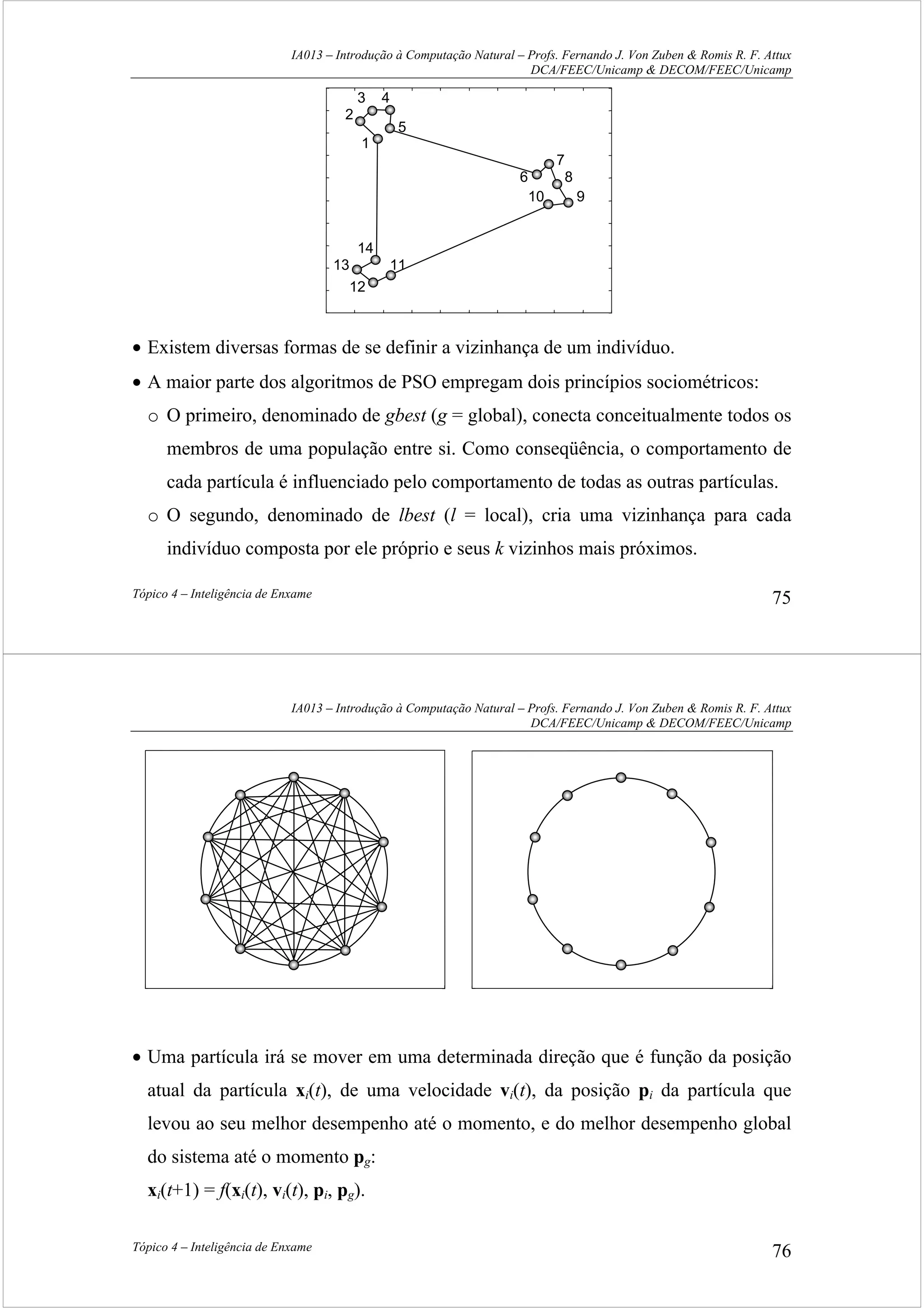 IA013 – Introdução à Computação Natural – Profs. Fernando J. Von Zuben & Romis R. F. Attux
DCA/FEEC/Unicamp & DECOM/FEEC/Unicamp
Tópico 4 – Inteligência de Enxame 75
3 4
2
5
1
7
6 8
10 9
14
13 11
12
• Existem diversas formas de se definir a vizinhança de um indivíduo.
• A maior parte dos algoritmos de PSO empregam dois princípios sociométricos:
o O primeiro, denominado de gbest (g = global), conecta conceitualmente todos os
membros de uma população entre si. Como conseqüência, o comportamento de
cada partícula é influenciado pelo comportamento de todas as outras partículas.
o O segundo, denominado de lbest (l = local), cria uma vizinhança para cada
indivíduo composta por ele próprio e seus k vizinhos mais próximos.
IA013 – Introdução à Computação Natural – Profs. Fernando J. Von Zuben & Romis R. F. Attux
DCA/FEEC/Unicamp & DECOM/FEEC/Unicamp
Tópico 4 – Inteligência de Enxame 76
• Uma partícula irá se mover em uma determinada direção que é função da posição
atual da partícula xi(t), de uma velocidade vi(t), da posição pi da partícula que
levou ao seu melhor desempenho até o momento, e do melhor desempenho global
do sistema até o momento pg:
xi(t+1) = f(xi(t), vi(t), pi, pg).
 