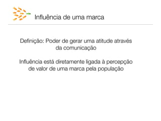 Inﬂuência de uma marca


Deﬁnição: Poder de gerar uma atitude através
             da comunicação
                      
Inﬂuência está diretamente ligada à percepção 
    de valor de uma marca pela população
 