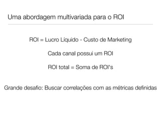 Uma abordagem multivariada para o ROI
                        
                            
                            
         ROI = Lucro Líquido - Custo de Marketing
                            
                Cada canal possui um ROI
                            
                ROI total = Soma de ROI's
                            
                            
Grande desaﬁo: Buscar correlações com as métricas deﬁnidas
                            
 