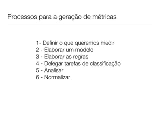 Processos para a geração de métricas


         1- Deﬁnir o que queremos medir
         2 - Elaborar um modelo
         3 - Elaborar as regras
         4 - Delegar tarefas de classiﬁcação
         5 - Analisar
         6 - Normalizar
 