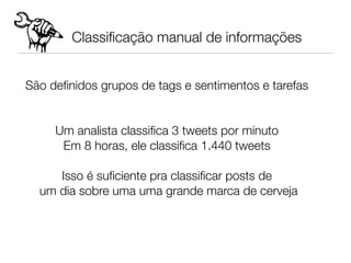 Classiﬁcação manual de informações
                      
                         
                         
São deﬁnidos grupos de tags e sentimentos e tarefas
                         
                         
     Um analista classiﬁca 3 tweets por minuto
      Em 8 horas, ele classiﬁca 1.440 tweets
                         
     Isso é suﬁciente pra classiﬁcar posts de
  um dia sobre uma uma grande marca de cerveja
                         
                         
                         
                         
 