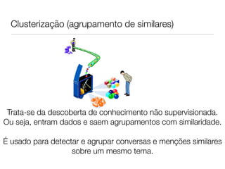 Clusterização (agrupamento de similares)




 Trata-se da descoberta de conhecimento não supervisionada.
Ou seja, entram dados e saem agrupamentos com similaridade.
                              
É usado para detectar e agrupar conversas e menções similares
                   sobre um mesmo tema.
 