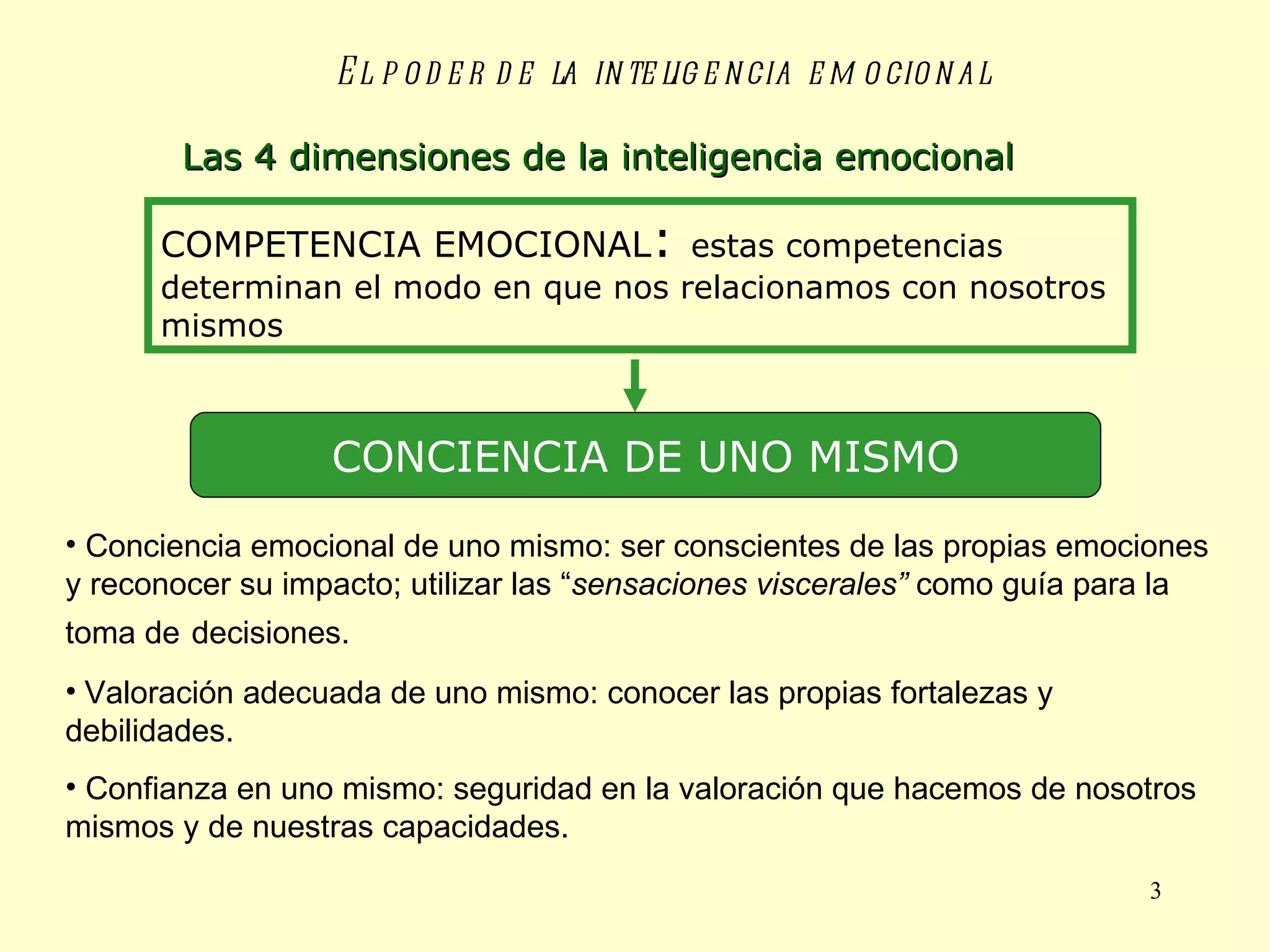 El poder de la inteligencia emocional COMPETENCIA EMOCIONAL :  estas competencias determinan el modo en que nos relacionamos con nosotros mismos CONCIENCIA DE UNO MISMO Conciencia emocional de uno mismo: ser conscientes de las propias emociones y reconocer su impacto; utilizar las “ sensaciones viscerales”  como guía para la toma de   decisiones. Valoración adecuada de uno mismo: conocer las propias fortalezas y debilidades. Confianza en uno mismo: seguridad en la valoración que hacemos de nosotros mismos y de nuestras capacidades. Las 4 dimensiones de la inteligencia emocional 