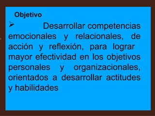 Objetivo
 Desarrollar competencias
emocionales y relacionales, de
acción y reflexión, para lograr
mayor efectividad en los objetivos
personales y organizacionales,
orientados a desarrollar actitudes
y habilidades
 