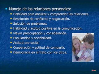 Manejo de las relaciones personales: Habilidad para analizar y comprender las relaciones. Resolución de conflictos y negociación. Solución de problemas. Habilidad y actitud positiva en la comunicación. Mayor preocupación y consideración. Popularidad y sociabilidad. Actitud pro-social. Cooperación y actitud de compartir. Democracia en el trato con los otros. 
