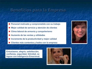 Beneficios para la Empresa Personal motivado y comprometido con su trabajo Mejor calidad de servicio y atención de clientes Clima laboral de armonía y compañerismo Aumento de las ventas y utilidades Incremento de la productividad y mejor calidad Clientes más contentos y leales con la empresa Entusiasmo, alegría, satisfacción, confianza, seguridad, felicidad, se logran con Inteligencia Emocional. 