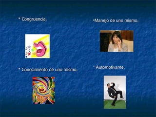 * Congruencia. * Conocimiento de uno mismo. Manejo de uno mismo. * Automotivante. 