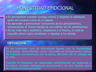 HONESTIDAD EMOCIONAL Es   permanecer honesto consigo mismo y respetar la sabiduría,  tanto del corazón como de la cabeza Es aprender a permanecer consciente de los pensamientos,  reconociendo al mismo tiempo la voz interior de los sentimientos Es ser más real y auténtico, respetarse a sí mismo, lo cual es  requisito previo para considerar y respetar a los demás INTUICIÓN 