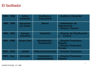 El facilitador

 1984 - 1988            Arthur           Auditoría y     – Auditor y Consultor
                       Andersen          Consultoría

 1988 - 1990           Agrocaixa           Banca         –Subdirector de
                       (La Caixa)                        Operaciones
                                                         –Director Técnico

 1990 - 1994             Zanussi          Industrial     –Director de Planificación
                        Industrial                       y Control

 1994 - 2000          Grupo Dole       Alimentación -   –Director Financiero
                                        Distribución    España
                                                        –Director Financiero
                                                        Europa
 2000 - 2003             Jazztel     Telecomunicaciones –Director Financiero

 2003 –hoy              Schindler       Instalación y    –Director Financiero
                                       mantenimiento     España
                                                                                 2
JAVIER CATALINA –IE - 2009
 