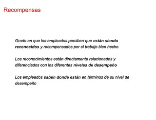 Recompensas




   Grado en que los empleados perciben que están siendo
   reconocidos y recompensados por el trabajo bien hecho


   Los reconocimientos están directamente relacionados y
   diferenciados con los diferentes niveles de desempeño


   Los empleados saben donde están en términos de su nivel de
   desempeño
 