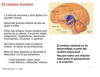 El cerebro humano

  1,5 kilos de neuronas y otros tejidos (3 x
  grandes monos)

  Desarrollo durante millones de año de
  abajo a arriba.

  Parte más antigua: tronco cerebral justo
  encima de la médula. Funciones vitales
  (respiración, metabolismo, reacciones,
  movimientos). Ni piensa, ni aprende.

  Del tronco cerebral nace el sistema
  límbico : el centro de las emociones.        El cerebro racional se ha
                                               desarrollado a partir del
  Miles de años después se desarrolla el       cerebro emocional …
  Neocortex, con el que pensamos
                                               Hay por tanto una relación
      •Lado izquierdo: lógica ,razón           clara entre el pensamiento
      •Lado derecho: creatividad, intuición    y la emoción.
                                                                        9
JAVIER CATALINA –IE - 2009
 