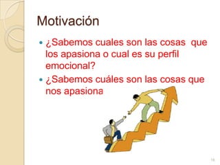 Motivación¿Sabemos cuales son las cosas  que los apasiona o cual es su perfil emocional? ¿Sabemos cuáles son las cosas que nos apasionan?18