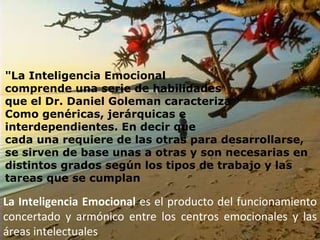 La Inteligencia Emocional  es el producto del funcionamiento concertado y armónico entre los centros emocionales y las áreas intelectuales   "La Inteligencia   Emocional   comprende una serie de habilidades  que el Dr. Daniel Goleman caracteriza  Como genéricas, jerárquicas e  interdependientes. En decir que  cada una requiere de las otras para desarrollarse,  se sirven de base unas a otras y son necesarias en  distintos grados según los tipos de trabajo y las  tareas que se cumplan   
