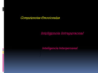 Competencias Emocionales

• AUTO-CONCIENCIA :

• AUTO- REGULACIÓN /
CONTROL
AUTO-MOTIVACIÒN
                         Inteligencia Intrapersonal

• EMPATIA

• HABILIDADES SOCIALES   Inteligencia Interpersonal
 