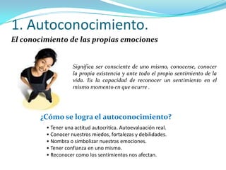 1. Autoconocimiento.
El conocimiento de las propias emociones


                    Significa ser consciente de uno mismo, conocerse, conocer
                    la propia existencia y ante todo el propio sentimiento de la
                    vida. Es la capacidad de reconocer un sentimiento en el
                    mismo momento en que ocurre .




       ¿Cómo se logra el autoconocimiento?
         • Tener una actitud autocritica. Autoevaluación real.
         • Conocer nuestros miedos, fortalezas y debilidades.
         • Nombra o simbolizar nuestras emociones.
         • Tener confianza en uno mismo.
         • Reconocer como los sentimientos nos afectan.
 