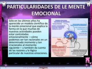 PARTICULARIDADES DE LE MENTE
         EMOCIONAL
Sólo en los últimos años ha
aparecido un modelo científico de
la mente emocional que explica la
forma en la que muchas de
nuestras actividades pueden
estar controladas
emocionalmente —cómo
podemos ser tan racionales en un
determinado momento y tan
irracionales al momento
siguiente— y también da cuenta
de las razones y la lógica
particular de nuestras emociones.
 