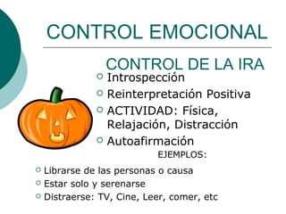 CONTROL EMOCIONAL
                   CONTROL DE LA IRA
                  Introspección
                  Reinterpretación Positiva
                  ACTIVIDAD: Física,
                   Relajación, Distracción
                  Autoafirmación
                            EJEMPLOS:
   Librarse de las personas o causa
   Estar solo y serenarse
   Distraerse: TV, Cine, Leer, comer, etc
 