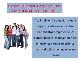 “ La inteligencia emocional es la
capacidad de reconocer los
sentimientos propios y de los
demás, para así manejar bien las
emociones y tener relaciones
más productivas con quienes nos
rodean”.
Daniel Goleman: Betseller 1995
EMOTIONAL INTELLIGENCE
 