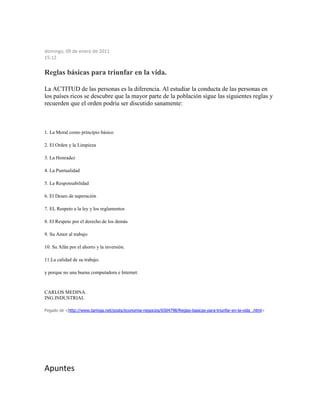 domingo, 09 de enero de 2011
15:12
Reglas básicas para triunfar en la vida.
La ACTITUD de las personas es la diferencia. Al estudiar la conducta de las personas en
los países ricos se descubre que la mayor parte de la población sigue las siguientes reglas y
recuerden que el orden podría ser discutido sanamente:
1. La Moral como principio básico
2. El Orden y la Limpieza
3. La Honradez
4. La Puntualidad
5. La Responsabilidad
6. El Deseo de superación
7. EL Respeto a la ley y los reglamentos
8. El Respeto por el derecho de los demás
9. Su Amor al trabajo
10. Su Afán por el ahorro y la inversión.
11.La calidad de su trabajo.
y porque no una buena computadora e Internet.
CARLOS MEDINA.
ING.INDUSTRIAL
Pegado de <http://www.taringa.net/posts/economia-negocios/6504798/Reglas-basicas-para-triunfar-en-la-vida_.html>
Apuntes
 