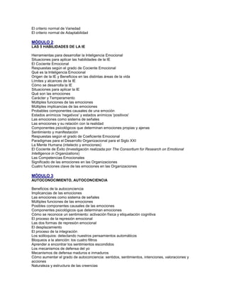 El criterio normal de Variedad
El criterio normal de Adaptabilidad
MÓDULO 2:
LAS 5 HABILIDADES DE LA IE
Herramientas para desarrollar la Inteligencia Emocional
Situaciones para aplicar las habilidades de la IE
El Cociente Emocional
Respuestas según el grado de Cociente Emocional
Qué es la Inteligencia Emocional
Origen de la IE y Beneficios en las distintas áreas de la vida
Límites y alcances de la IE
Cómo se desarrolla la IE
Situaciones para aplicar la IE
Qué son las emociones
Carácter y Temperamento
Múltiples funciones de las emociones
Múltiples implicancias de las emociones
Probables componentes causales de una emoción
Estados anímicos 'negativos' y estados anímicos 'positivos'
Las emociones como sistema de señales
Las emociones y su relación con la realidad
Componentes psicológicos que determinan emociones propias y ajenas
Sentimiento y manifestación
Respuestas según el grado de Coeficiente Emocional
Paradigmas para el Desarrollo Organizacional para el Siglo XXI
La Mente Humana (intelecto y emociones)
El Cociente de Éxito (Investigación realizada por The Consortium for Research on Emotional
Intelligence in Organizations)
Las Competencias Emocionales
Significado de las emociones en las Organizaciones
Cuatro funciones clave de las emociones en las Organizaciones
MÓDULO 3:
AUTOCONOCIMIENTO, AUTOCONCIENCIA
Beneficios de la autoconciencia
Implicancias de las emociones
Las emociones como sistema de señales
Múltiples funciones de las emociones
Posibles componentes causales de las emociones
Componentes psicológicos que determinan emociones
Cómo se reconoce un sentimiento: activación física y etiquetación cognitiva
El proceso de la represión emocional
Las dos formas de represión emocional
El desplazamiento
El proceso de la integración
Los soliloquios: detectando nuestros pensamientos automáticos
Bloqueos a la atención: los cuatro filtros
Aprender a encontrar los sentimientos escondidos
Los mecanismos de defensa del yo
Mecanismos de defensa maduros e inmaduros
Cómo aumentar el grado de autoconciencia: sentidos, sentimientos, intenciones, valoraciones y
acciones
Naturaleza y estructura de las creencias
 