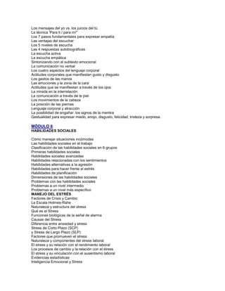 Los mensajes del yo vs. los juicios del tú
La técnica 'Para ti / para mí"
Los 7 pasos fundamentales para expresar empatía
Las ventajas del escuchar
Los 5 niveles de escucha
Las 4 respuestas autobiográficas
La escucha activa
La escucha empática
Sintonizando con el subtexto emocional
La comunicación no verbal
Los cuatro aspectos del lenguaje corporal
Actitudes corporales que manifiestan gusto y disgusto
Los gestos de las manos
Las emociones y la zona de la cara
Actitudes que se manifiestan a través de los ojos
La mirada en la interrelación
La comunicación a través de la piel
Los movimientos de la cabeza
La posición de las piernas
Lenguaje corporal y atracción
La posibilidad de engañar: los signos de la mentira
Gestualidad para expresar miedo, enojo, disgusto, felicidad, tristeza y sorpresa.
MÓDULO 6:
HABILIDADES SOCIALES
Cómo manejar situaciones incómodas
Las habilidades sociales en el trabajo
Clasificación de las habilidades sociales en 6 grupos
Primeras habilidades sociales
Habilidades sociales avanzadas
Habilidades relacionadas con los sentimientos
Habilidades alternativas a la agresión
Habilidades para hacer frente al estrés
Habilidades de planificación
Dimensiones de las habilidades sociales
Problemas con las habilidades sociales
Problemas a un nivel intermedio
Problemas a un nivel más específico
MANEJO DEL ESTRÉS
Factores de Crisis y Cambio
La Escala Holmes-Rahe
Naturaleza y estructura del stress
Qué es el Stress
Funciones biológicas de la señal de alarma
Causas del Stress
Diferencia entre ansiedad y stress
Stress de Corto Plazo (SCP)
y Stress de Largo Plazo (SLP)
Factores que promueven el stress
Naturaleza y componentes del stress laboral
El stress y su relación con el rendimiento laboral
Los procesos de cambio y la relación con el stress
El stress y su vinculación con el ausentismo laboral
Evidencias estadísticas
Inteligencia Emocional y Stress
 