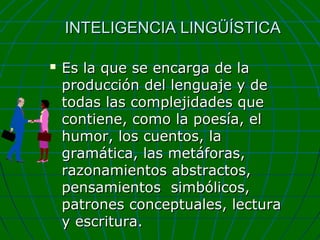 INTELIGENCIA LINGÜÍSTICA


Es la que se encarga de la
producción del lenguaje y de
todas las complejidades que
contiene, como la poesía, el
humor, los cuentos, la
gramática, las metáforas,
razonamientos abstractos,
pensamientos simbólicos,
patrones conceptuales, lectura
y escritura.

 