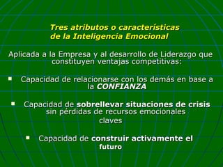 Tres atributos o características
de la Inteligencia Emocional
Aplicada a la Empresa y al desarrollo de Liderazgo que
constituyen ventajas competitivas:




Capacidad de relacionarse con los demás en base a
la CONFIANZA
Capacidad de sobrellevar situaciones de crisis
sin pérdidas de recursos emocionales
claves


Capacidad de construir activamente el
futuro

 